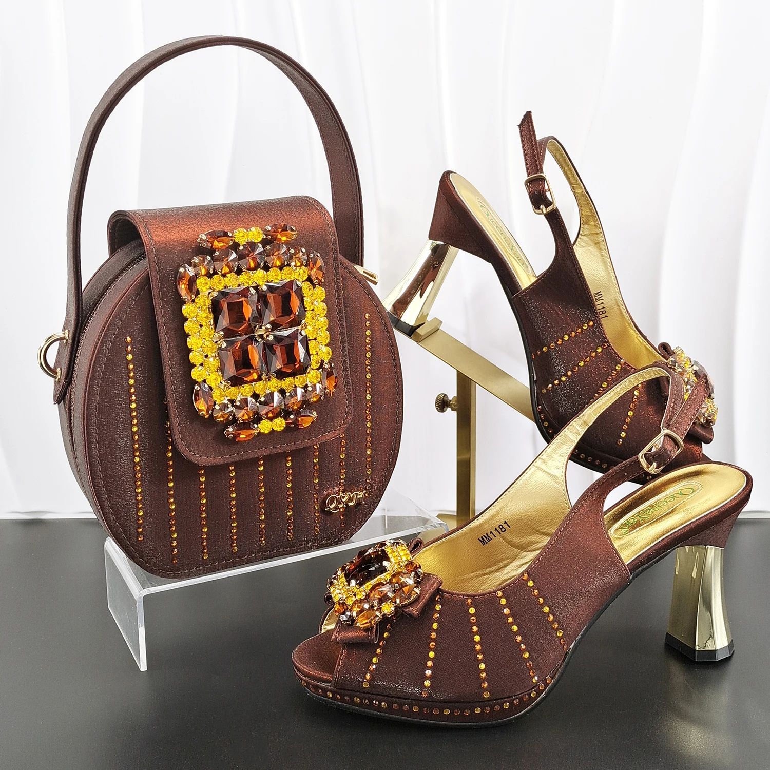 INS New Arrival Orange Color Party Wedding Pointed Toe Ladies Casual High Heels and Soft Bag Set Decorated With Rhinestone