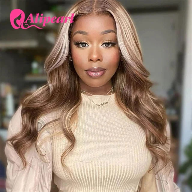 AliPearl Highlight Wig Human Hair Body Wave 5x5 Transparent Lace Wig Brazilian Pre Plucked Balayage Blonde