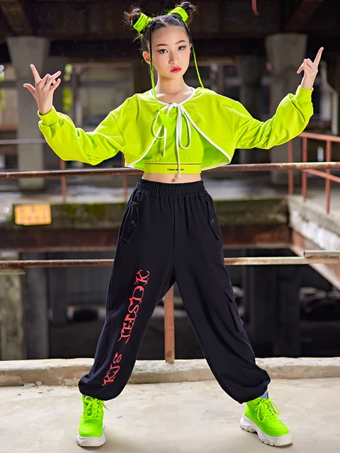 Jazz Costume Girls Fluorescent Green Tops Black Pants Hip Hop