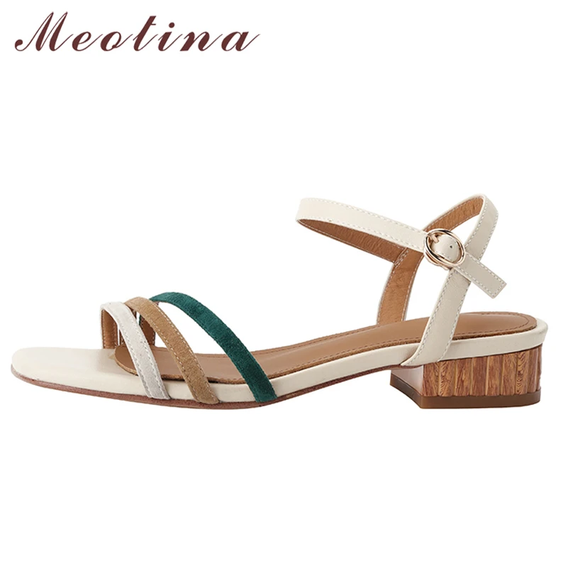 

Meotina Genuine Leather Women Shoes Causal Low Heel Sandals Buckle Round Toe Thick Heels Ladies Footwear Summer Beige Khaki 40