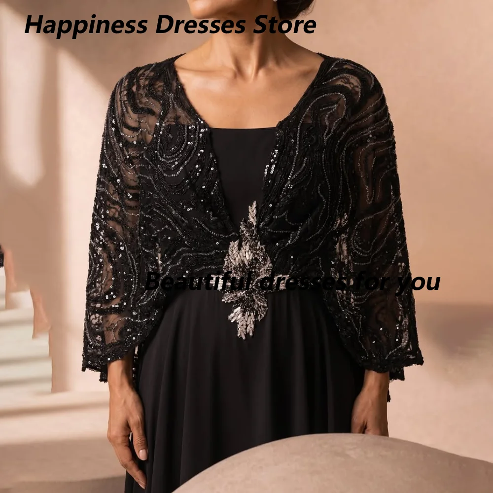 Abito da Cerimonia Personalizzato Nero in Chiffon con Perline e Scollo Quadrato, in Raso, per Madre della Sposa, con Mantella in Pizzo e Applicazioni Floreali, Modello A-Line - immagine 3