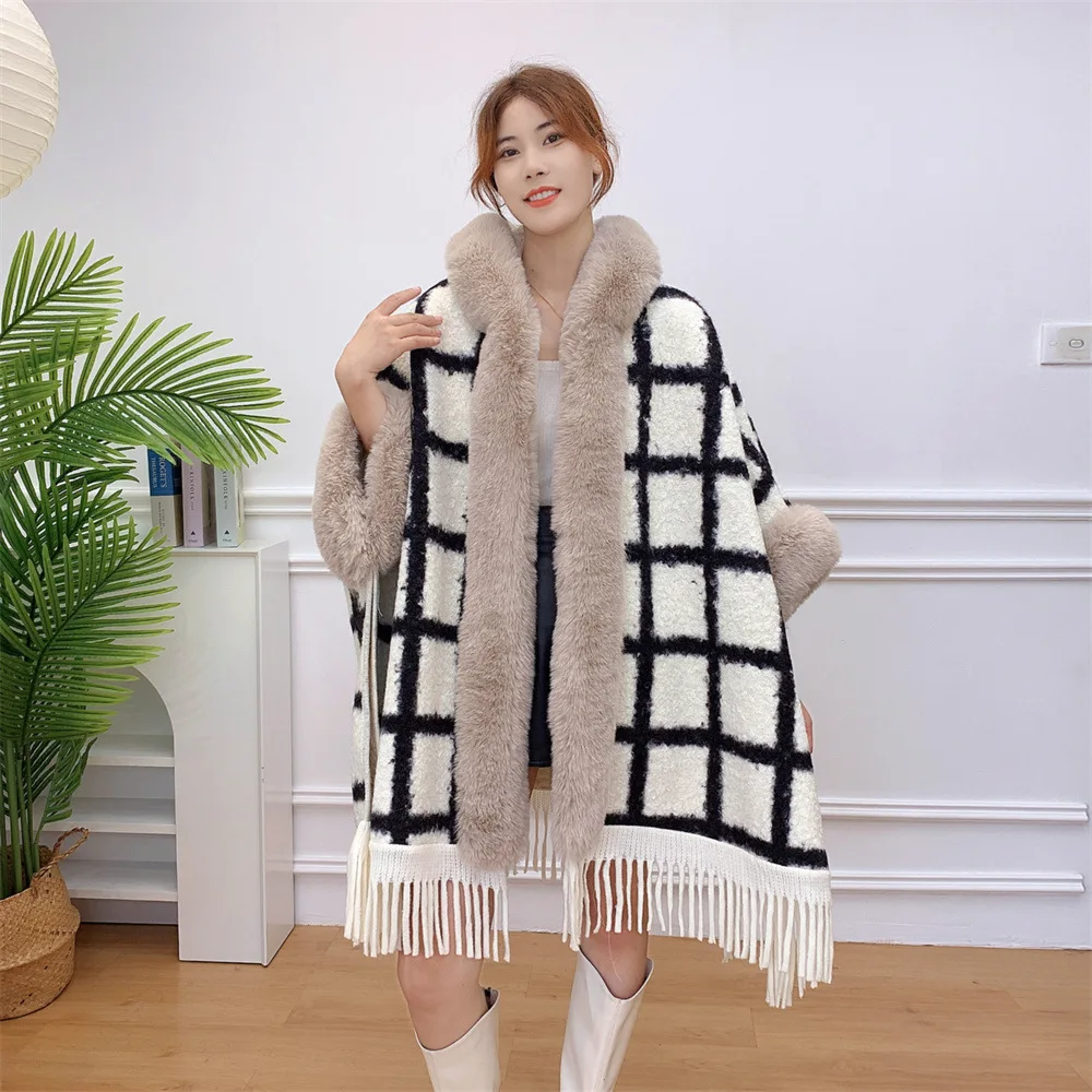 Winter Women Striped Faux Lamb Loose Poncho Cape Thick Warm Granular Velvet Oversize Cloak Batwing  Sleeves Overcoat With Hat