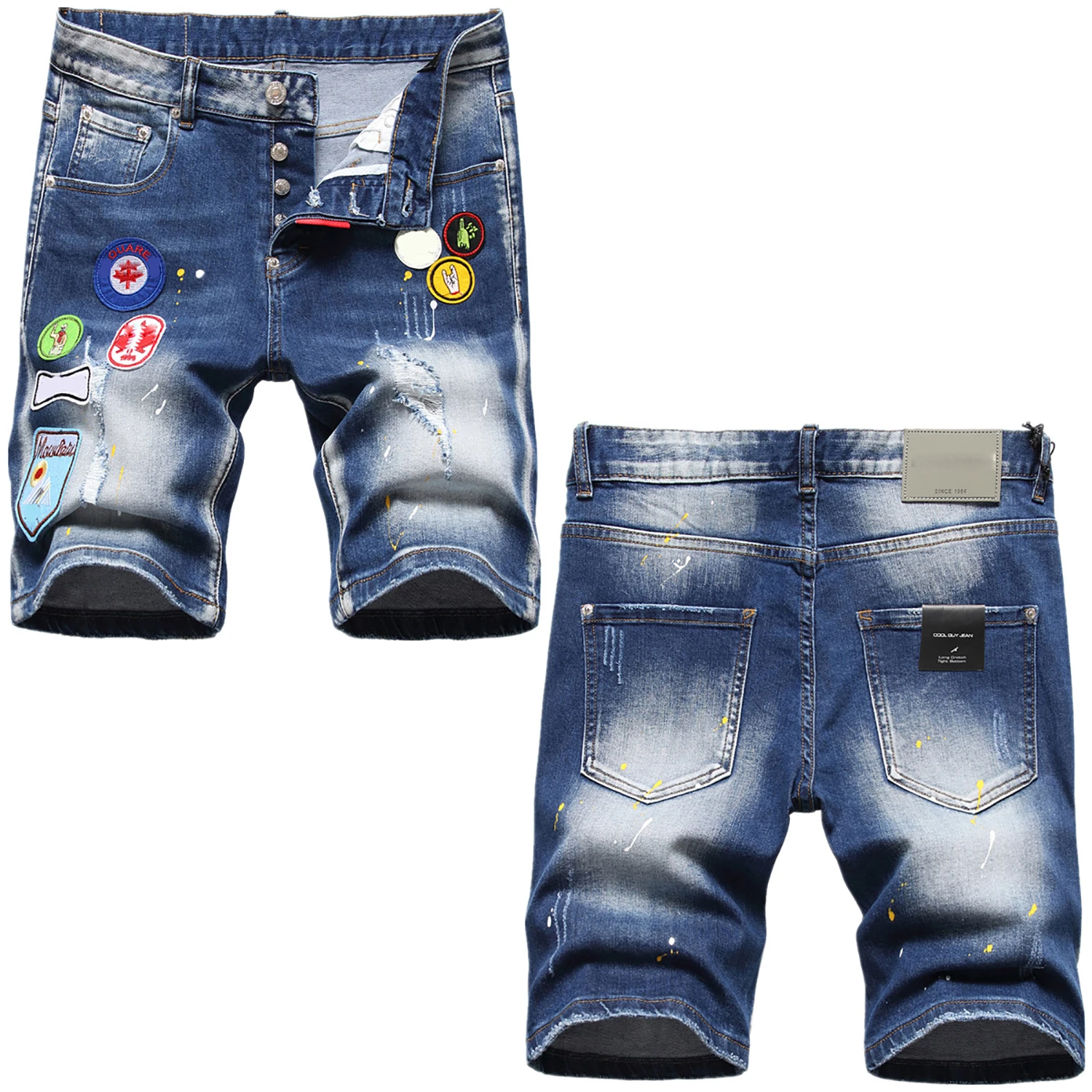 

Luxury Light Men's Hole Ripped Blue Denim Shorts Badge Embroidery Casual Jeans Shorts Classic Slim-fit Style Scratches Shorts;