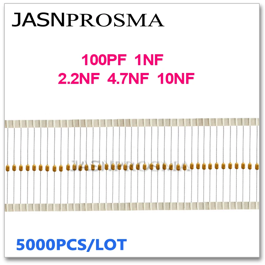 

JASNPROSMA CT42 axial Monolithic ceramic capacitor 5000PCS 50V 100PF 1NF 2.2NF 4.7NF 10NF 101 102 222 472 103 5% J 10% K 20% M