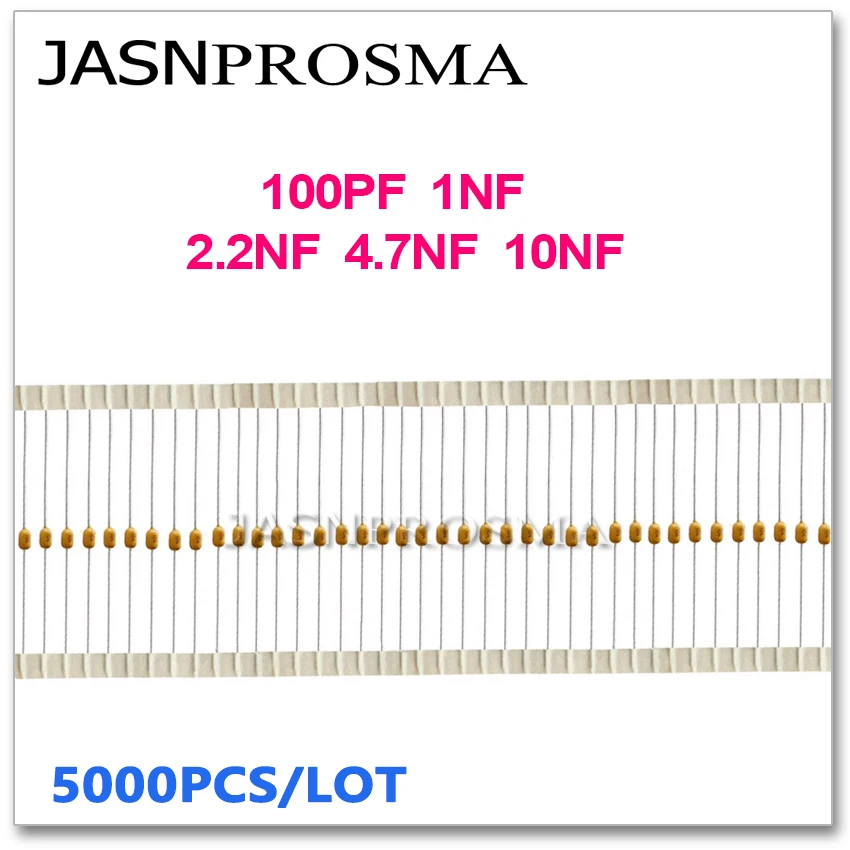 JASNPROSMA 축 모놀리식 세라믹 커패시터, 5000PCs, 50V, 100PF, 1NF, 2.2NF, 4.7NF, 10NF, 101, 102, 222, 472, 103, 5%, J, 10% K, 20%