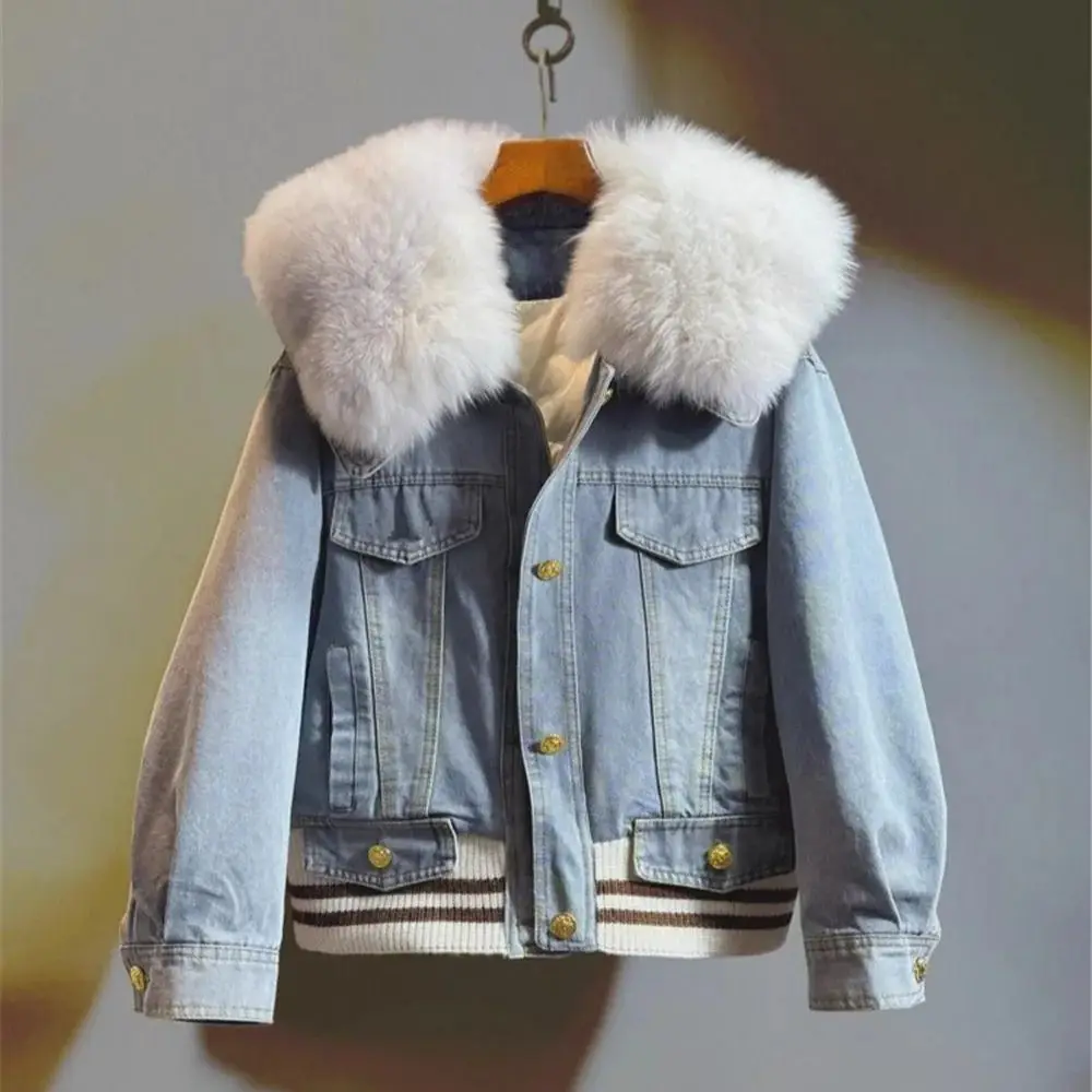 

2023 Winter New Warm thickened Liner Parkas Splicing Fox Fur Collar Denim Coat for Women Real Fur Coat Female Outwear Y4732