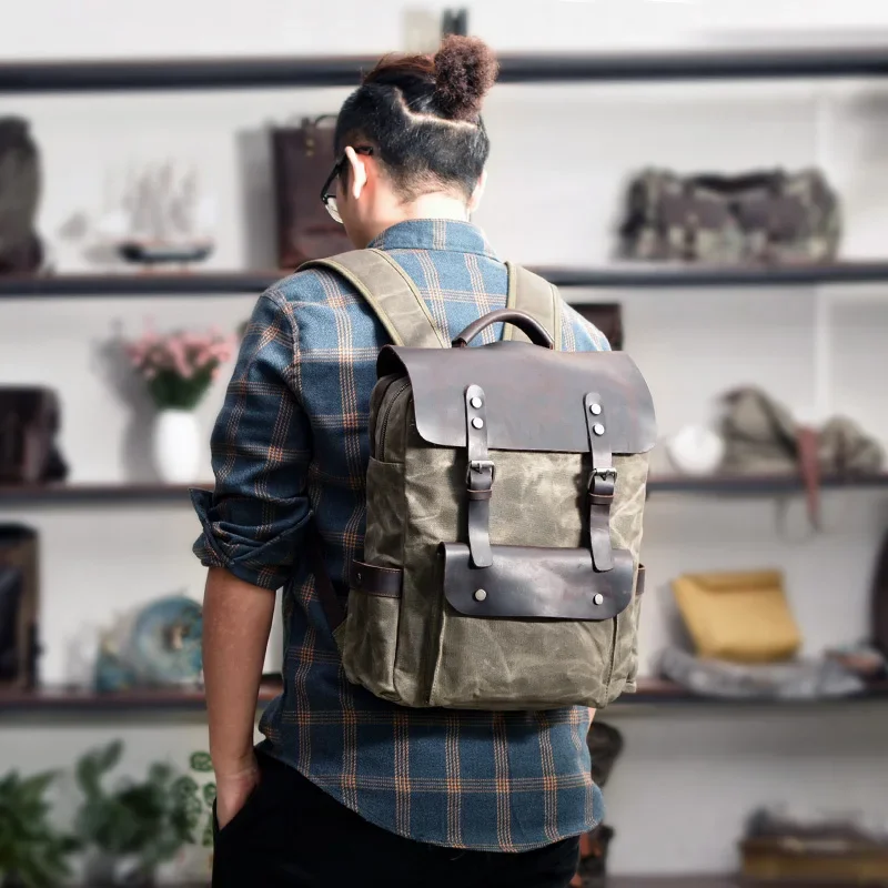 

Business Laptop Backpack for Men Fashion Backpack Wax Canvas Stitching Leather Backpack High Quality Vintage School Bookbag