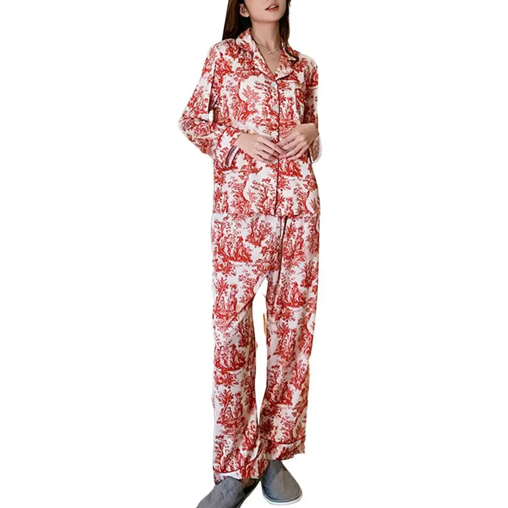 

Women's Top Trousers Set Print Pajama Set Homewear with Loose Lapel пижама женская