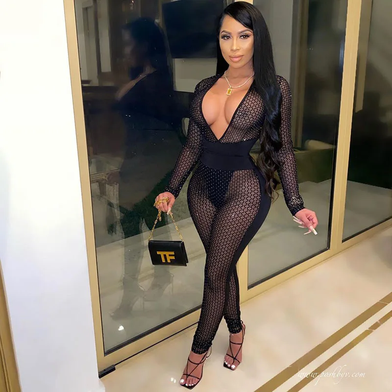 

2022 Fashion Women Jumpsuit Gold Silver Sexy See-Through Mesh Evening Club Pencil Pant Yoga Jogging Women's Bodycon Playsuit