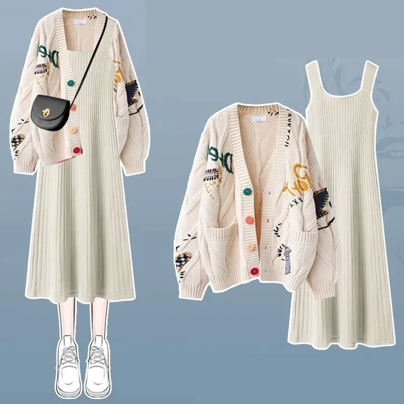 Women's Winter New Vintage Embroidery Knitted Sweater Jacket Matching Set Korean Elegant Long Sleeve Cardigan Dress 2 Piece Suit