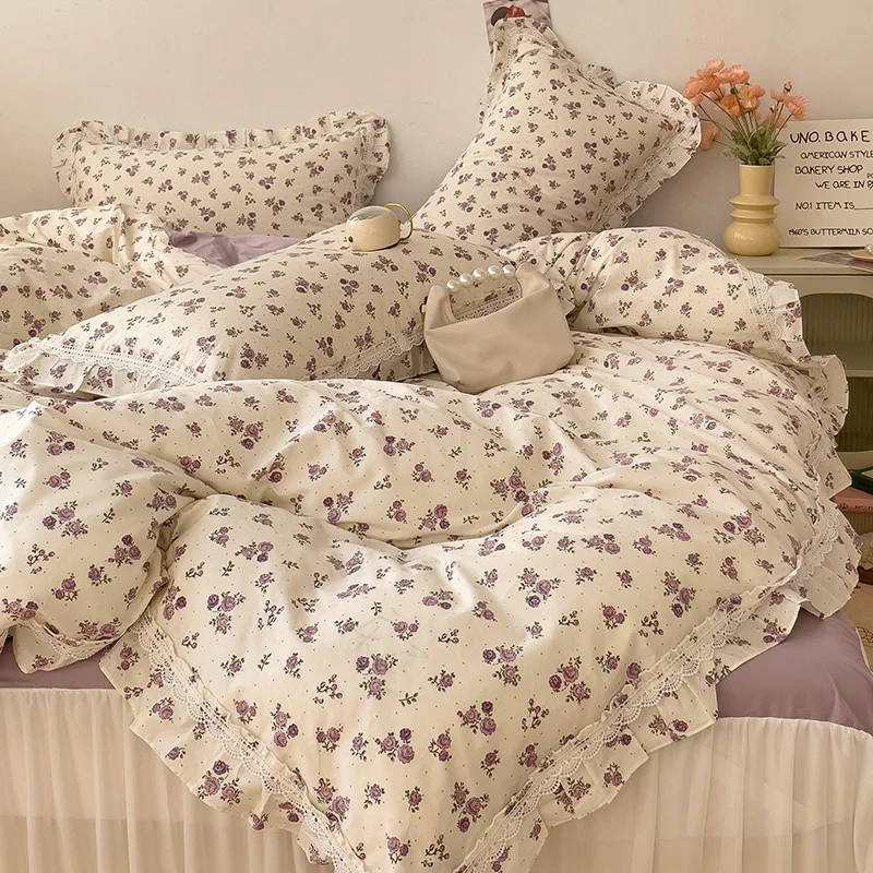 

Floral White Hollow Lace and Ruffles Duvet Cover, 100% Cotton, Vintage Countryside Bedding Set, Bed Skirt, Bed Sheet, Pillowcase