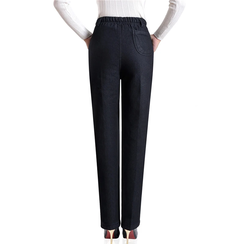 High Waist Jeans Women New Spring Autumn Elastic Waist Denim Trousers Female Winter Flocking Keep Warm Casual Straight Pants