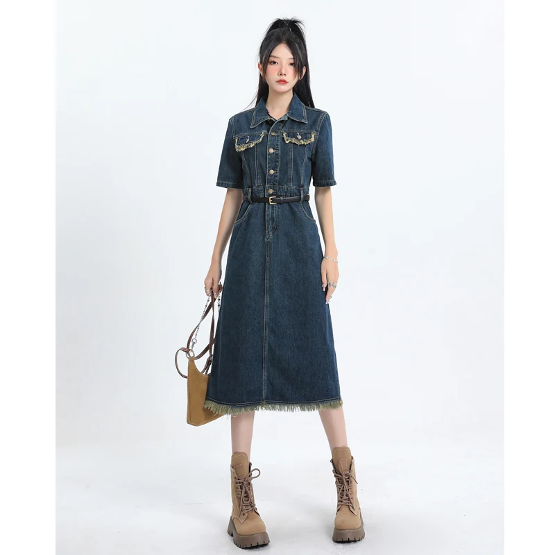 

Women's Vintage Denim Short Sleeve Dress Summer New Chic Design Street Cowboy Style Female Polo Neck Mid Length Dresses
