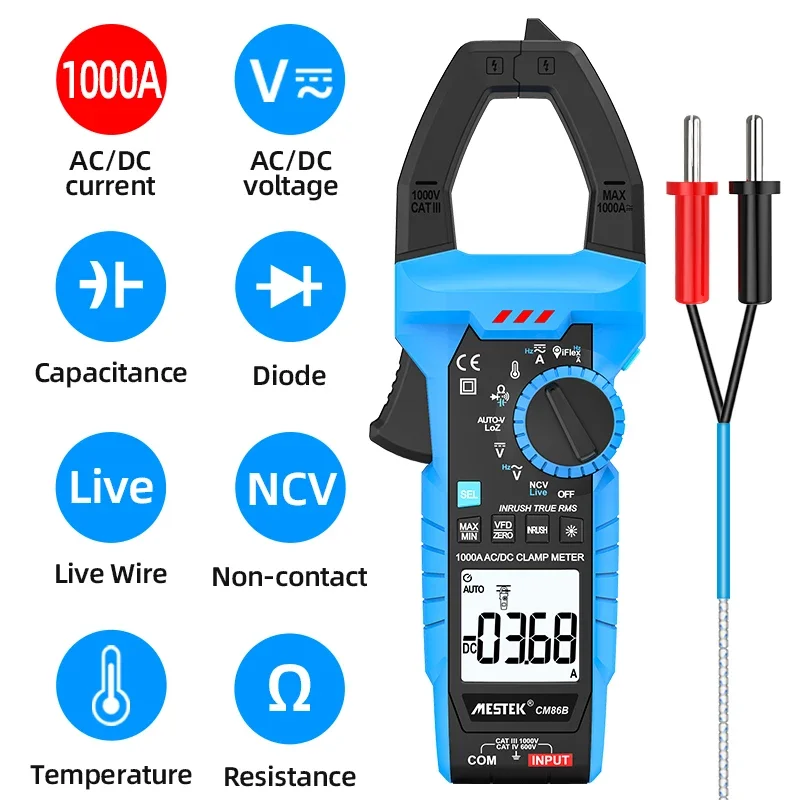 Mestek 디지털 클램프 계량기, True RMS 멀티미터, AC DC 전류계, 커패시턴스 VFD 돌입 전류계, 전압 테스터, 1000A, 1000V