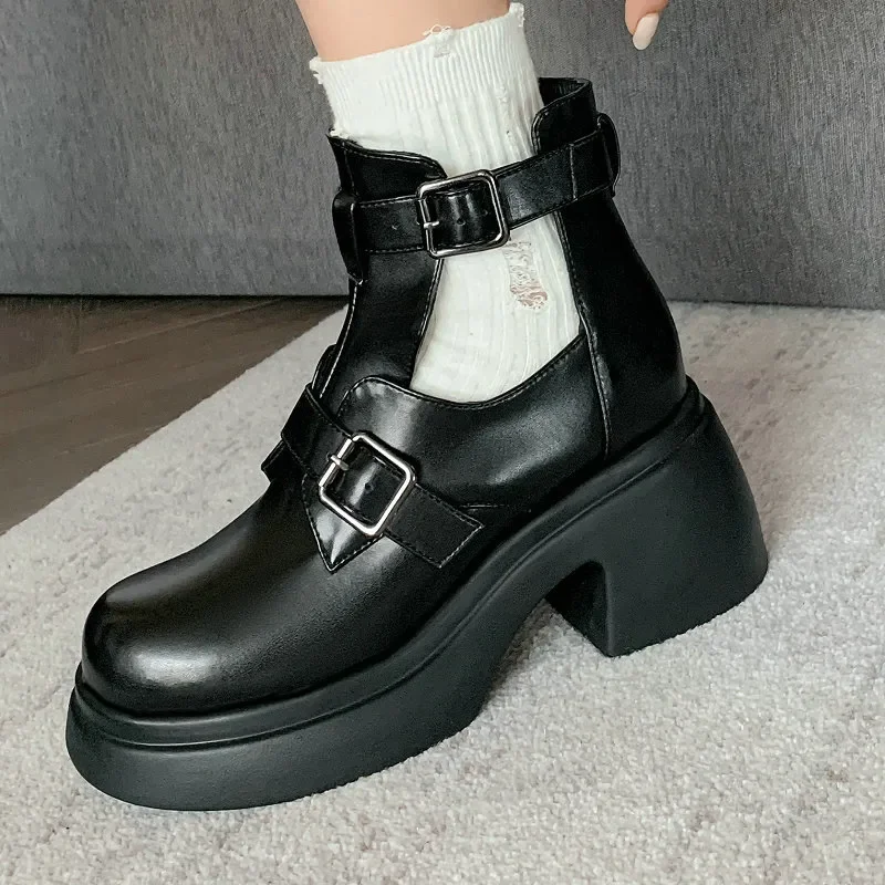

Punk Gothic Solid Black Buckle Belt Strap Designer Women Shoes Platform Square Chunky High Heels Ankle Motorcycle Hallow Boots