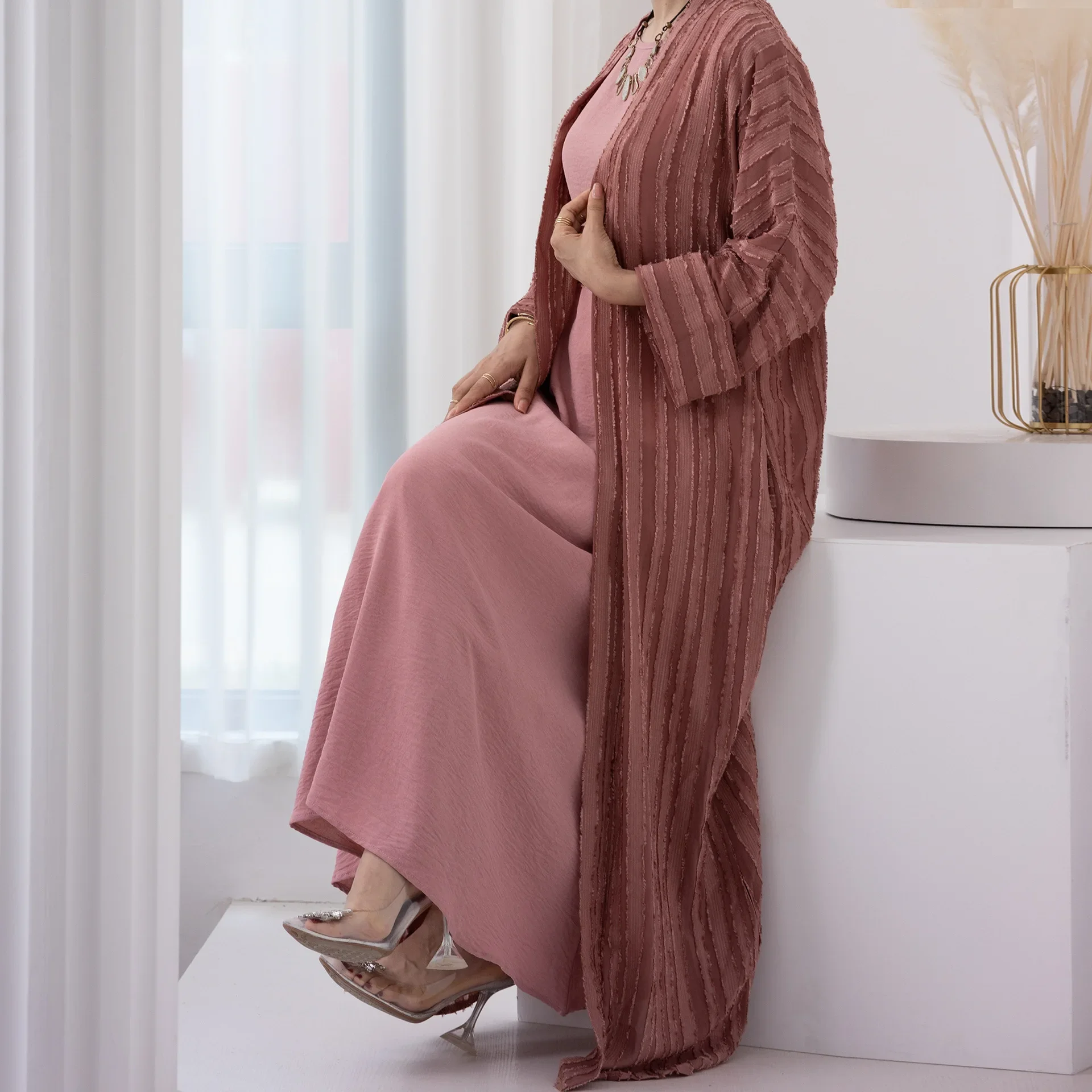 Eid Plain Kimono Abaya with Inner Dress 2 Piece Set Striped Open Abayas for Women Dubai Turkey Arabic Muslim Islam Outfit Kaftan