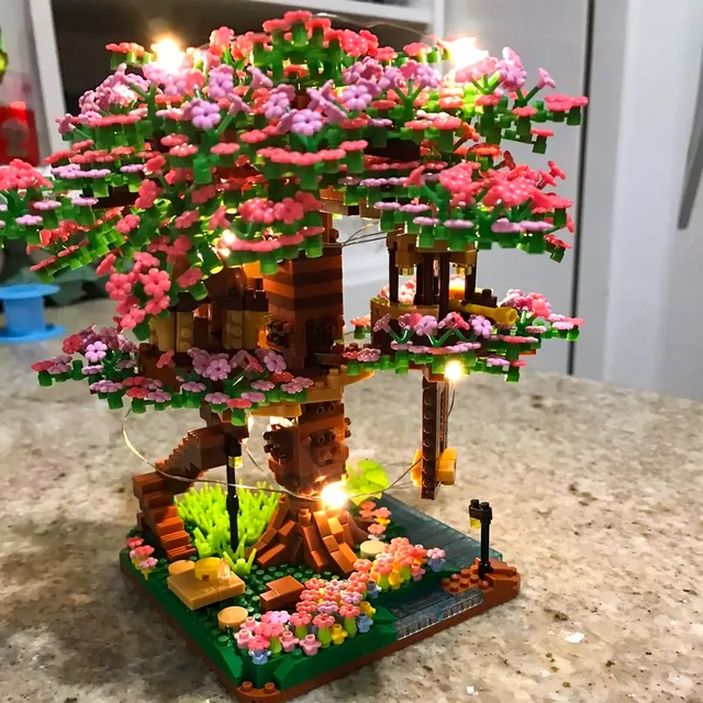 Mini Sakura Tree Building Blocks Set Diy Cherry Blossom Bricks with Light Treehouse Model Ornament Romantic Gift for Girlfriend 2