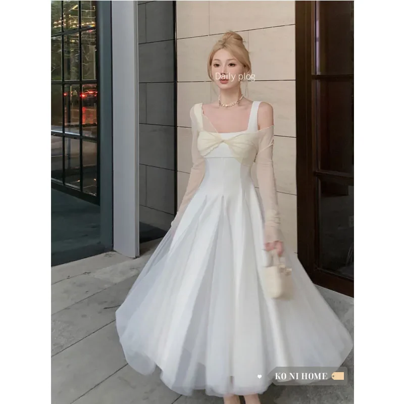 

New Summer Super Fairy White Dress Princess Hepburn Sleeveless Suspender Mesh Evening Dress Spaghetti Strap A Line Party Dress