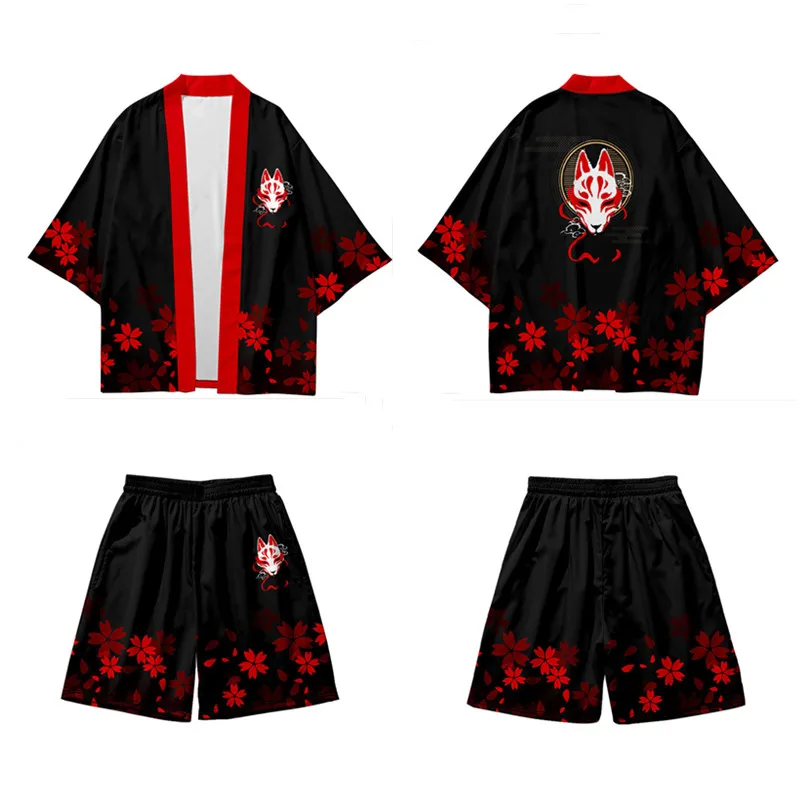 Kanagawa Wave Dragon Print Kimono Shorts Sets Two-piece Suit Yukata Japanese Cardigan Women Men Harajuku Cosplay Loose Haori