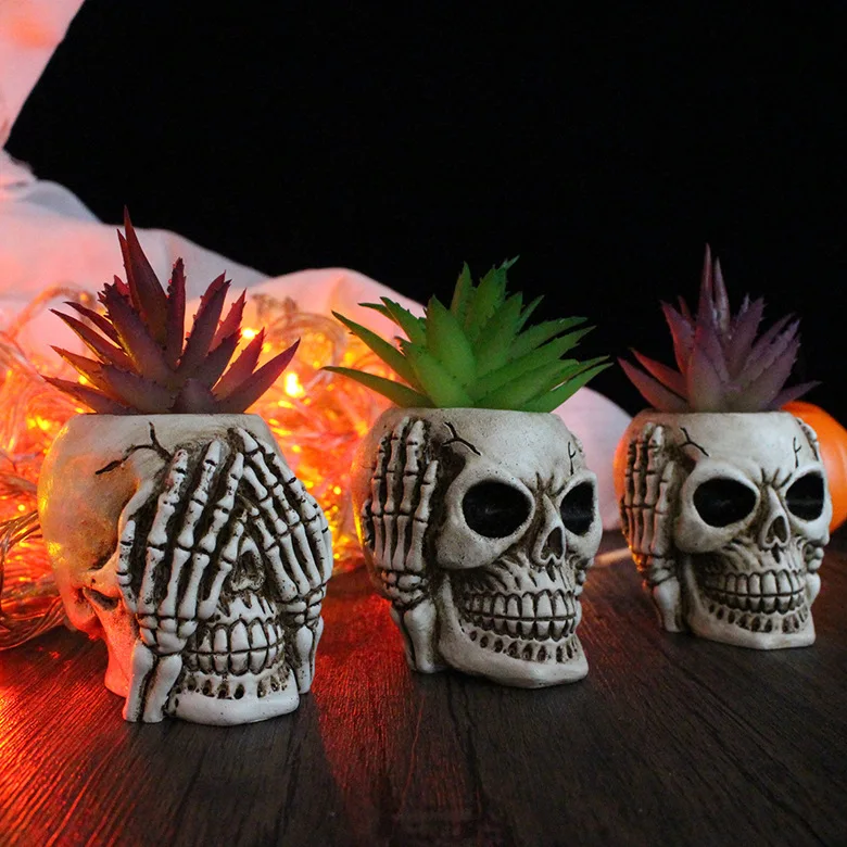 

3Pcs Halloween Creative Skull Decoration Set Resin Home Garden Decoration Potted Plants Don't Listen To Figurines And Sculptures