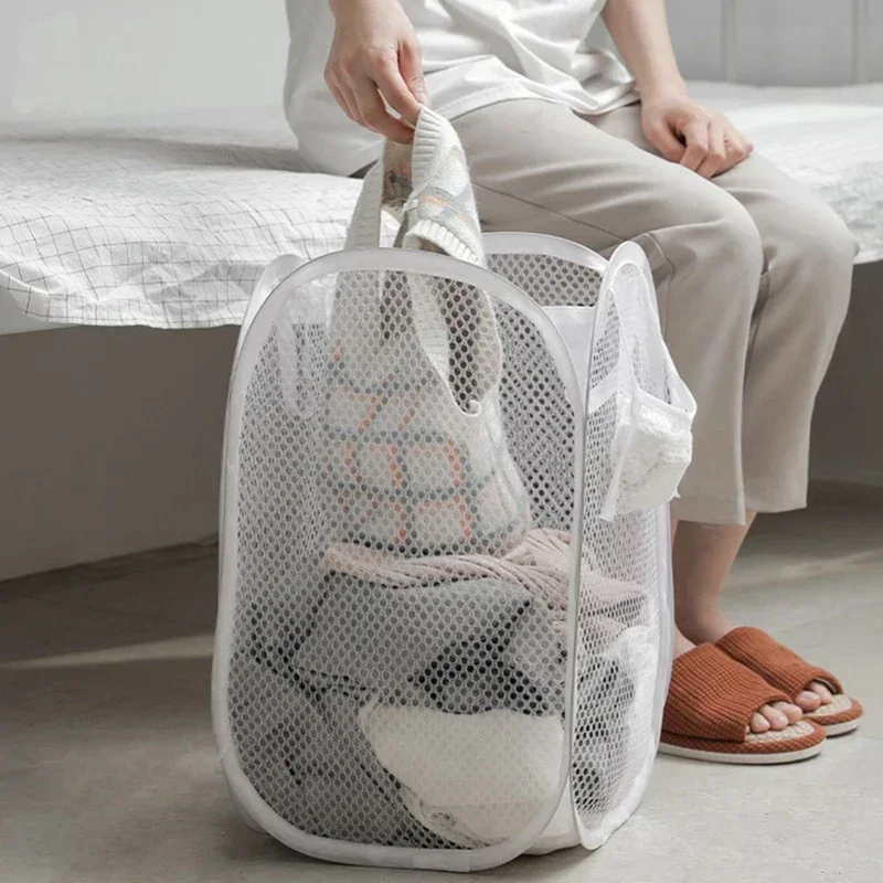 Laundry Basket Foldable Mesh Storage Bag For Dirty Clothes Organizer In Bathroom Washing Room Home Use_voghion.com