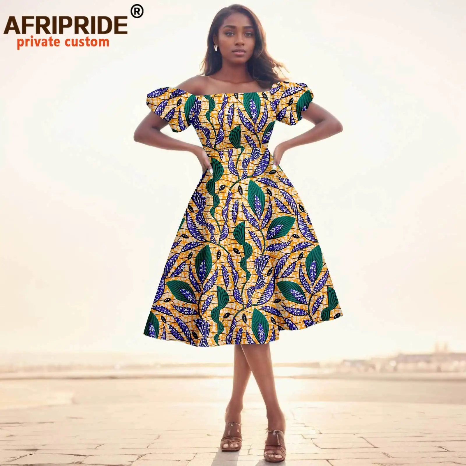 African Dresses for Women Short Sleeve High Waist Print Midi Dress Ankara Attire Traditional Outfit Elegant Fashion Wear 2425102