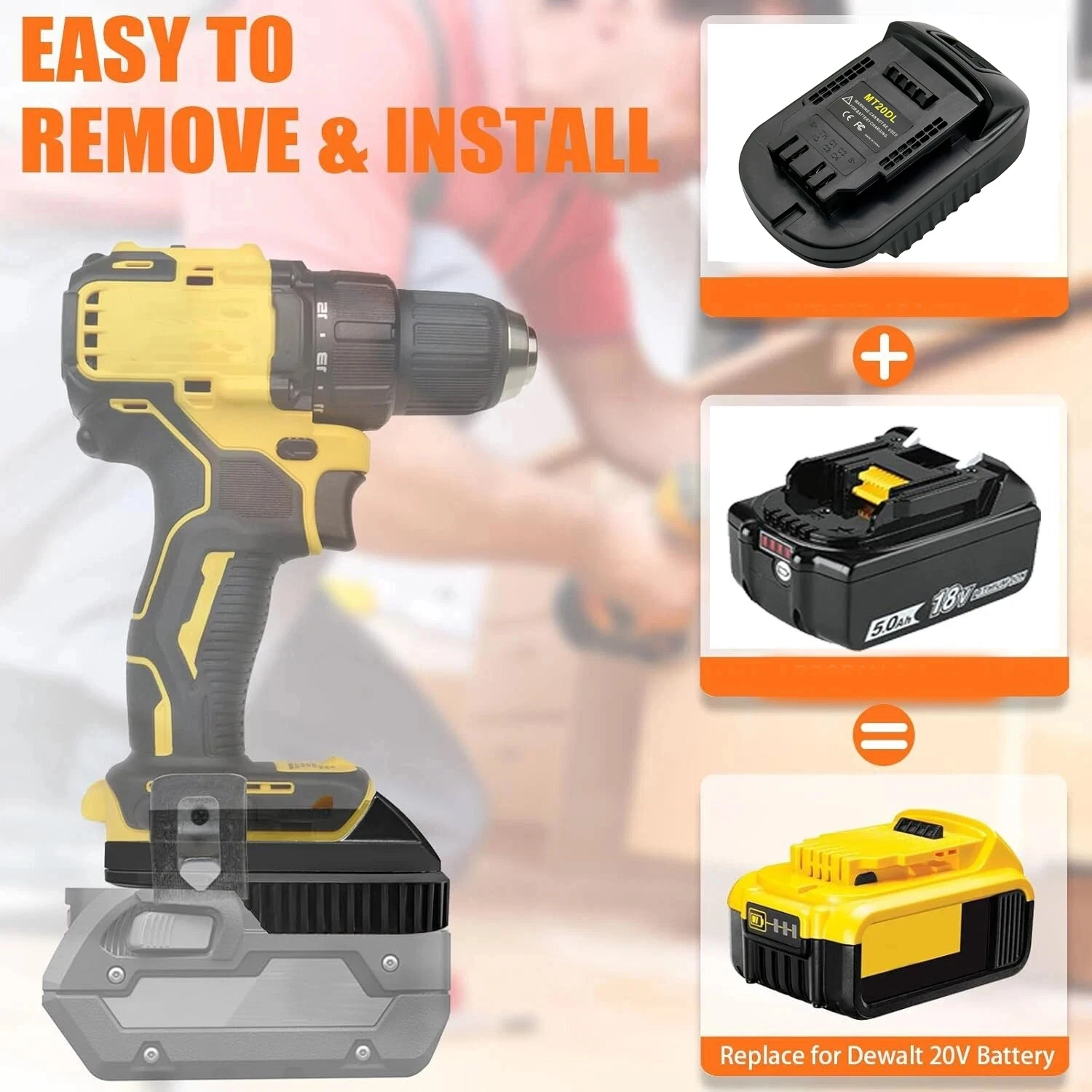 Dewalt용 Makita용 MT20DL 배터리 어댑터, Makita 18V 리튬 배터리를 Dewalt 20V 전동 공구용으로 변환(배터리 없음)