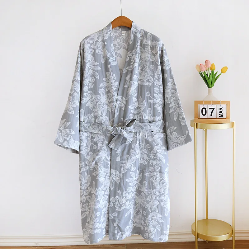 Women's Pure Cotton Gauze Pajamas Thin Jacquard Bathrobes Autumn Long Sleeve Japanese Kimono Robe Loose and Casual Home Wear