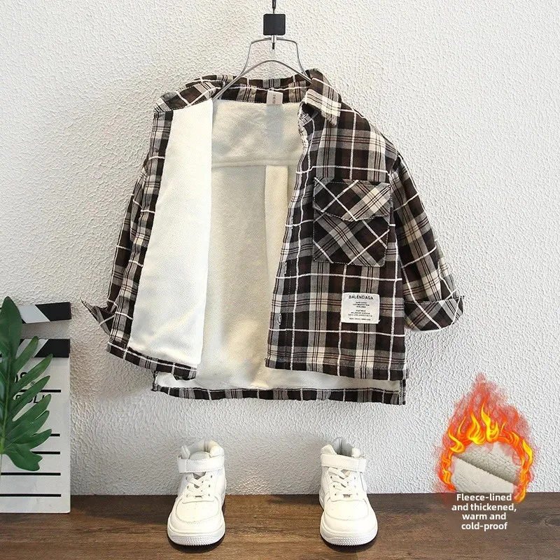 Thickened Fleece Lined Plaid Shirt for Boys Autumn Winter Children's Clothing Baby Outerwear Integrated Velvet Warm Flannel Shir