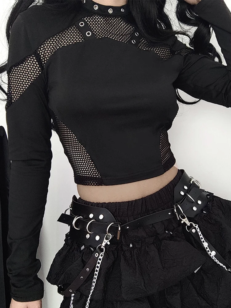 AltGoth Dark Punk Cyber T-shirt Women Gothic Streetwear Mesh Patchwork Long Sleeve O-neck Crop Tee Tops Harajuku Sexy Clothes 2