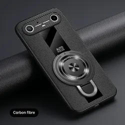 Luxury Silicone and Leather Magnetic Ring Holder Case with Plexiglass Finish for Tecno Spark Slim (Carbon Fiber Pattern)