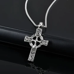 Nordic Celtic Knot Cross Pendant Necklace for Men - Retro Viking Punk Jewelry Gift (Silver)
