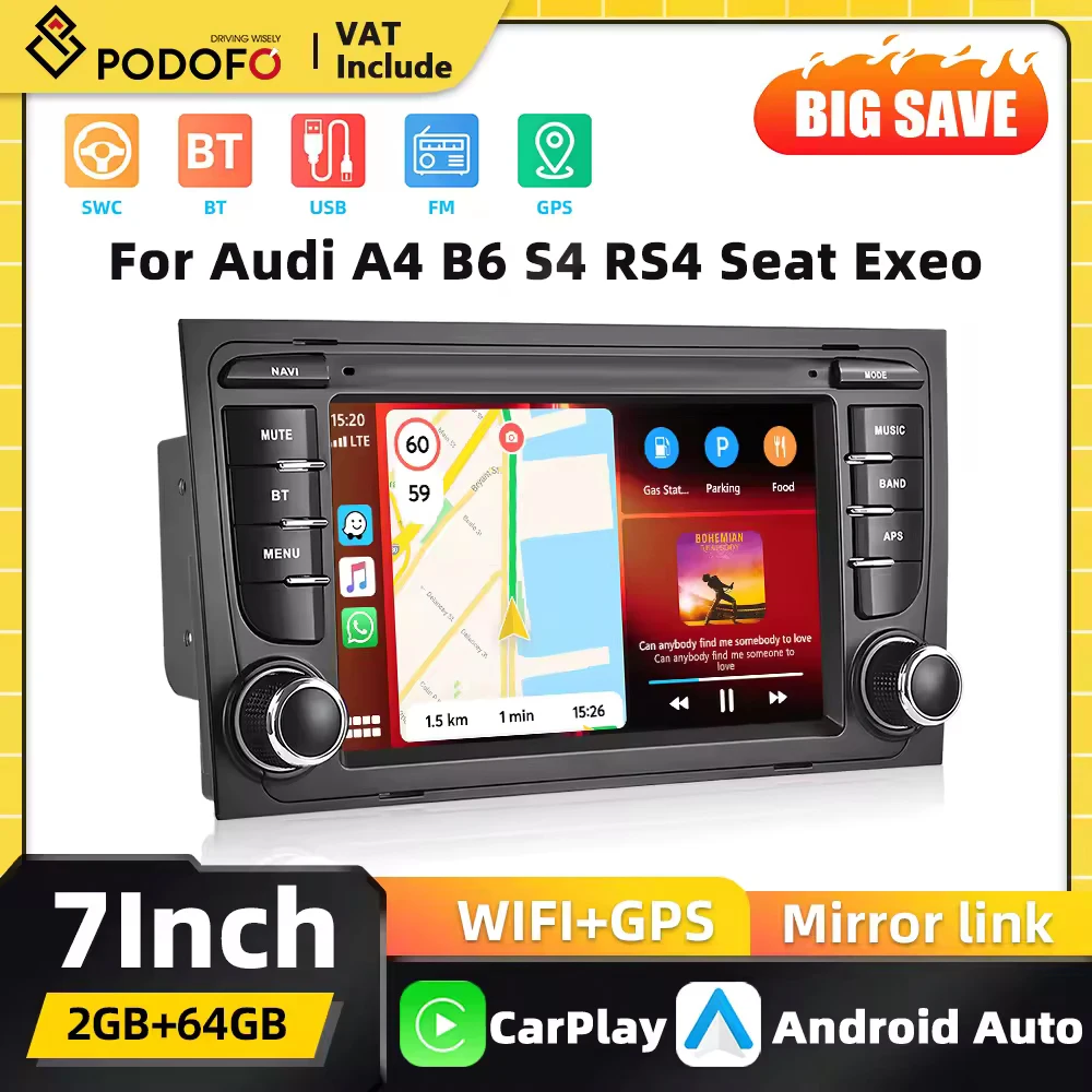 Radio de coche Podofo de 7 pulgadas con Android Carplay y estéreo para Audi A4 B6 S4 B5 Seat, Android Auto, GPS, navegación, Mirror Link, FM, RDS 1