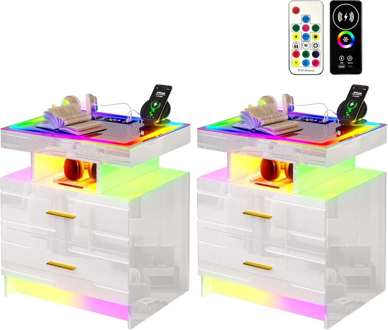 Set of 2 Nightstand with Wireless Charging Station LED Lights Night Stand with 2 Drawers Glossy Smart Bedside Table