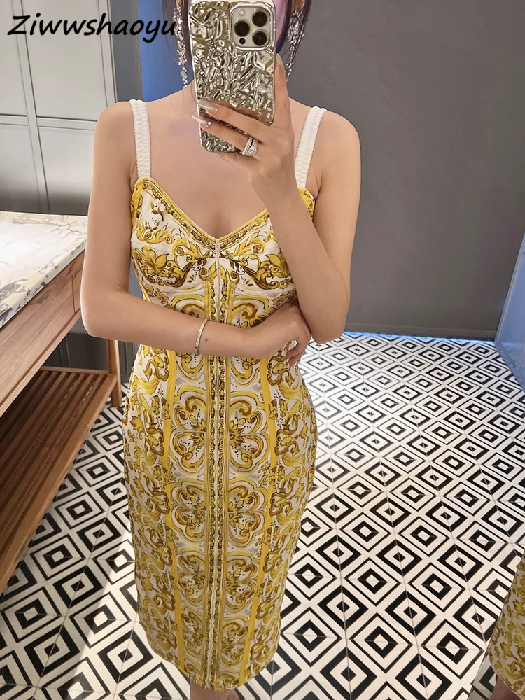 

Женское шелковое платье-карандаш, подиумное дизайнерское Привлекательное платье на бретелях-спагетти с желто-белым фарфоровым принтом, Осень-зима