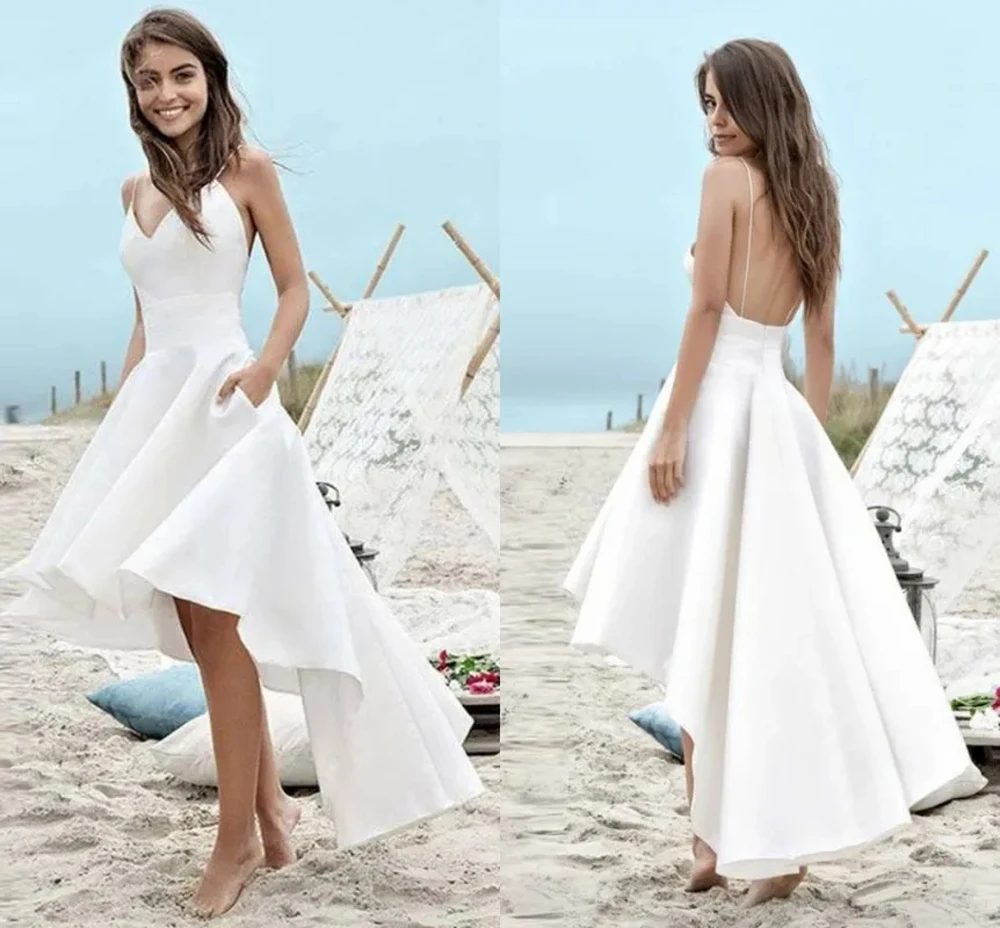 

Simple High Low White Satin Wedding Dresses Short Sexy Open Back Beach Summer Party Vestido De Novia Plus Size Formal Bride Gown