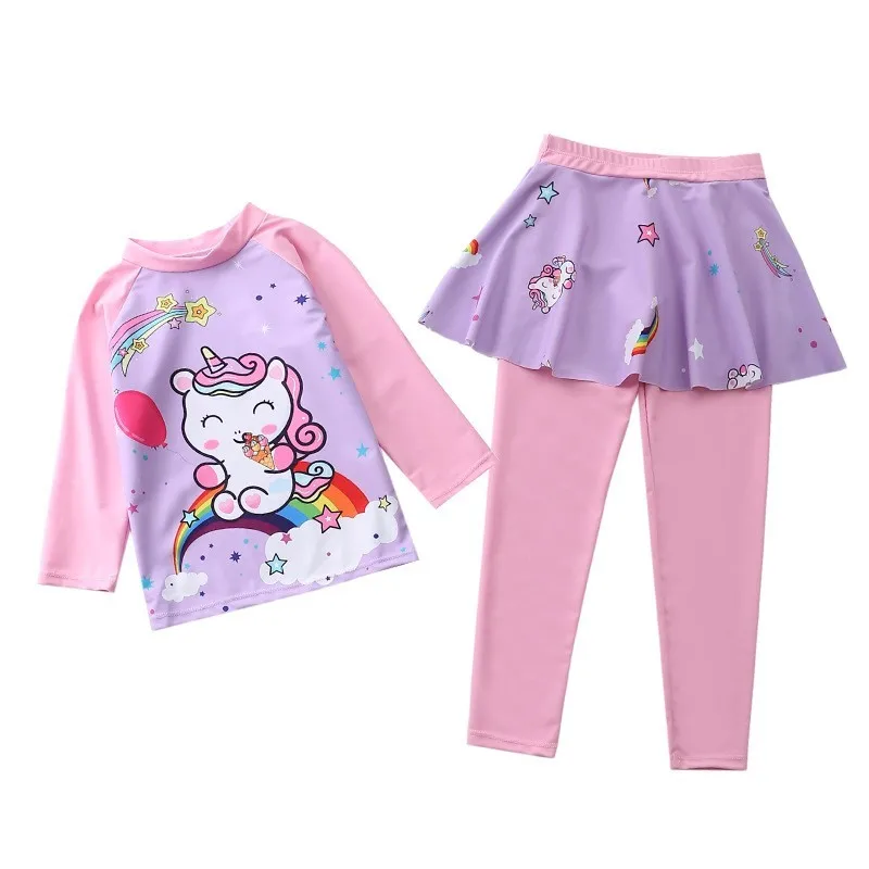 Children's Swimming Suit Girls' Two-Piece Long Sleeve Swimwear Rainbow Unicorn Pants Skirt Fast Drying Fitness Swimming Costume - 4