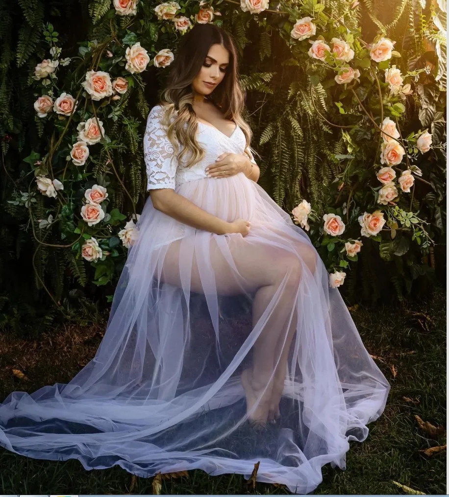 

Sexy Lace Tulle Maternity Dress For Photo Session White Long Pregnancy Shooting Gown 2023 New Pregnant Women Photography Clothes