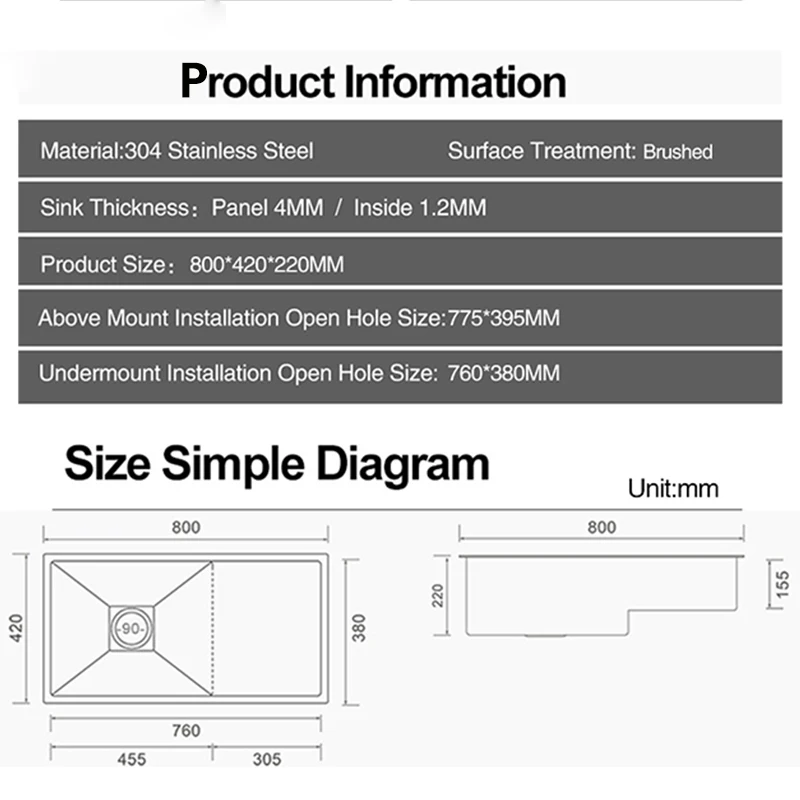 ASRAS Stepped Kitchen Sink 304 Stainless Steel 4mm Thickness 220mm Depth Large Size Handmade Brushed Undermount Kitchen Sinks