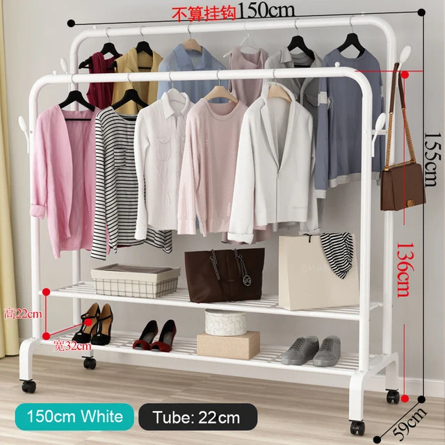 Garment Rack Floor Standing Clothes Hanger Double Pole Coat Rack Wardrobe Clothing Drying Rack Mobile Cloth Rail Home Furniture W Double layer 150cm