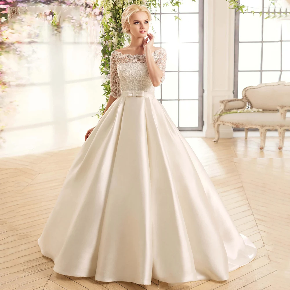 Abiti da sposa moderni Scollo a barca Mezze maniche Abiti da sposa Applicazioni in pizzo Corte-Train Raso A-Line Abiti da sposa PSL 980016