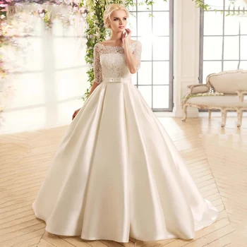 Abiti da sposa moderni Scollo a barca Mezze maniche Abiti da sposa Applicazioni in pizzo Corte-Train Raso A-Line Abiti da sposa PSL 980016