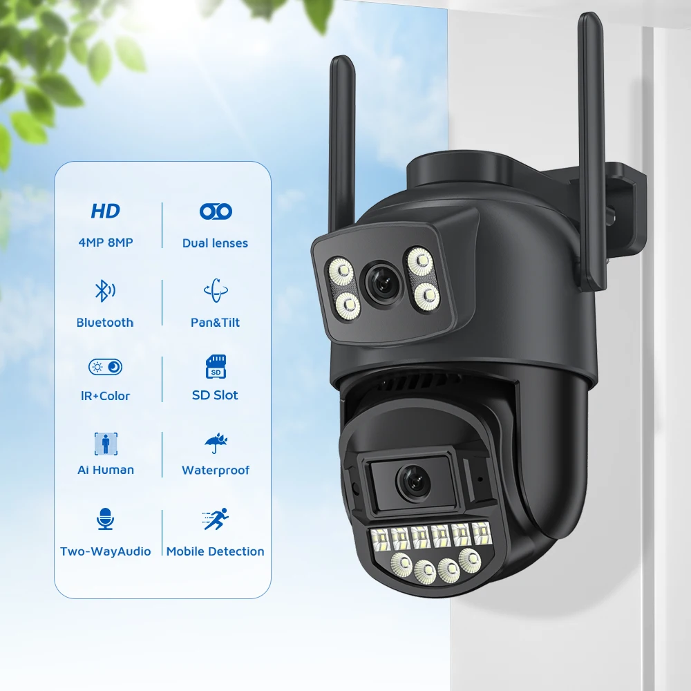 PTZ 8MP Wifi Camera Dual Screen Auto Tracking Color Night Vision Outdoor CCTV Ca