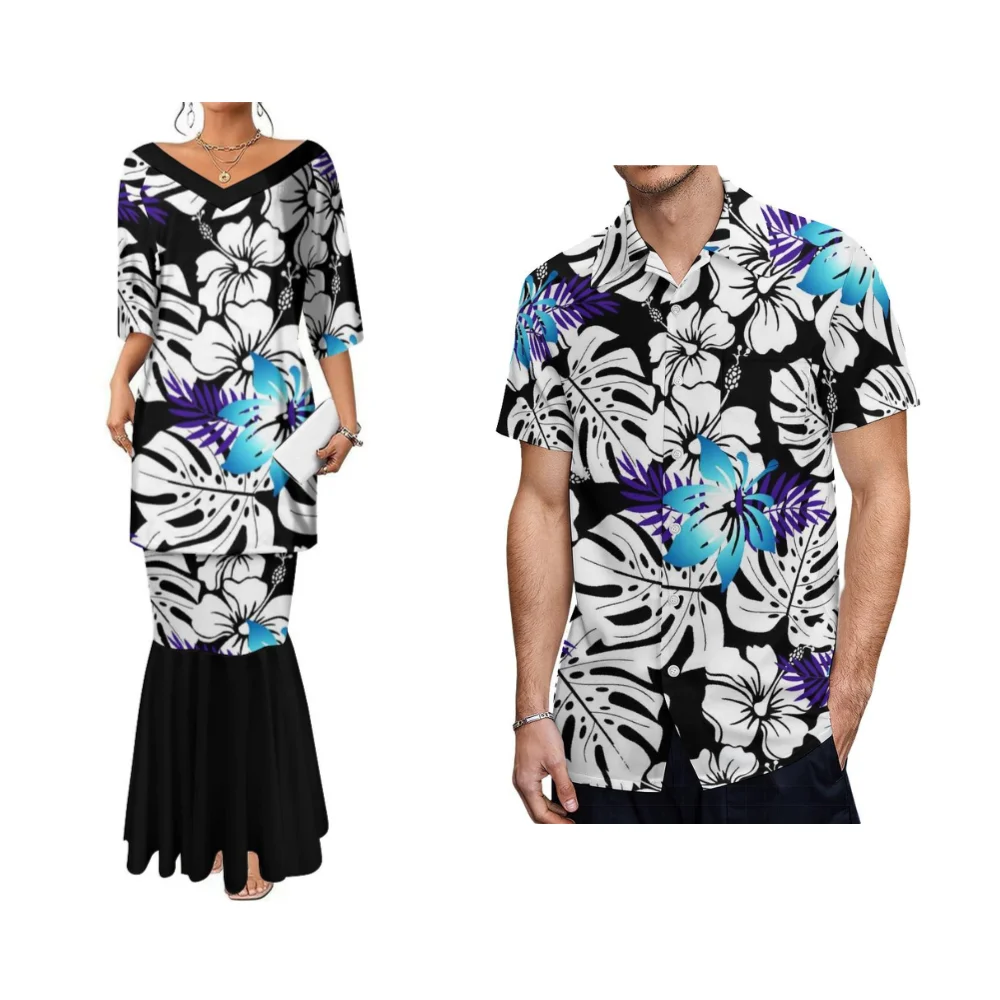 

Summer Women'S Elegant Mid-Sleeve Dress Samoa Puletasi Dress Pacific Island Design Dinner Sexy Fishtail Skirt With Men'S Shirt