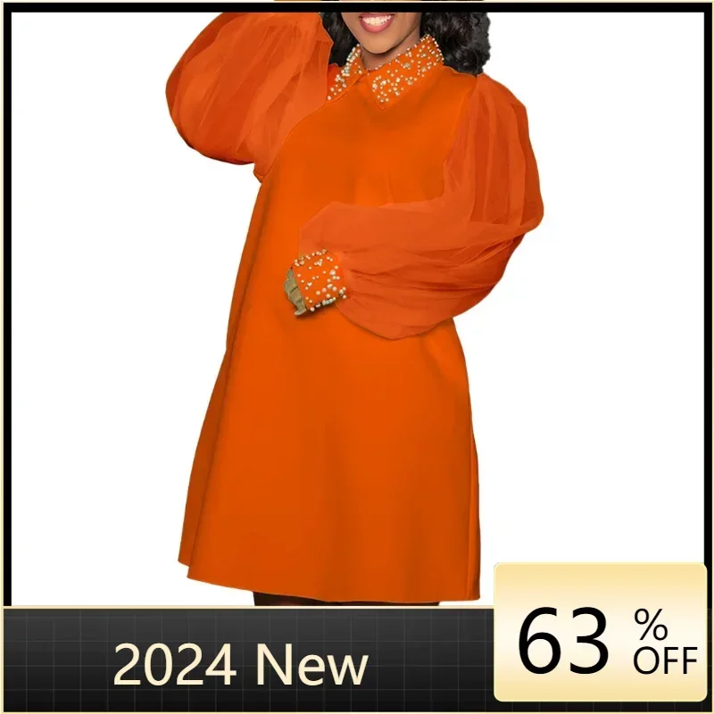 

2024 Casual Autumn Women Dress Beading Lapel Vintage Solid Color Mesh Lantern Sleeve Loose Waist Mid-Calf Party Dresses