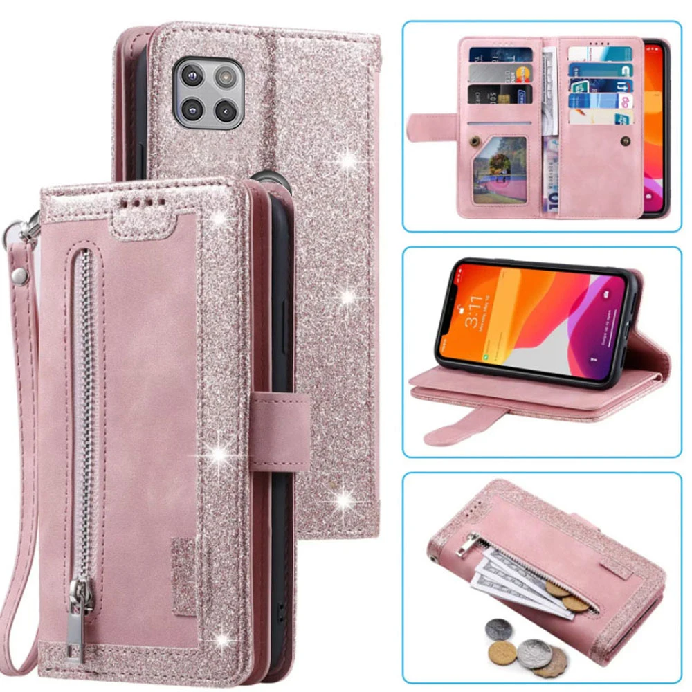 Luxury 9-Card Zipper Wallet Phone Case with Wrist Strap and Flip Folio