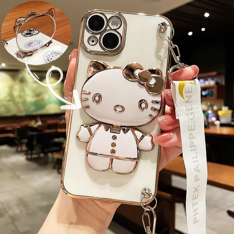 thumbnail image 1 of Funda de teléfono chapada con correa para iPhone, carcasa con soporte de Hello Kitty para iPhone 15, 14, 13, 12, 11 Pro Max, Mini, XR, XS, X, 8, 7, 6S Plus, SE 2020, 1 of 5