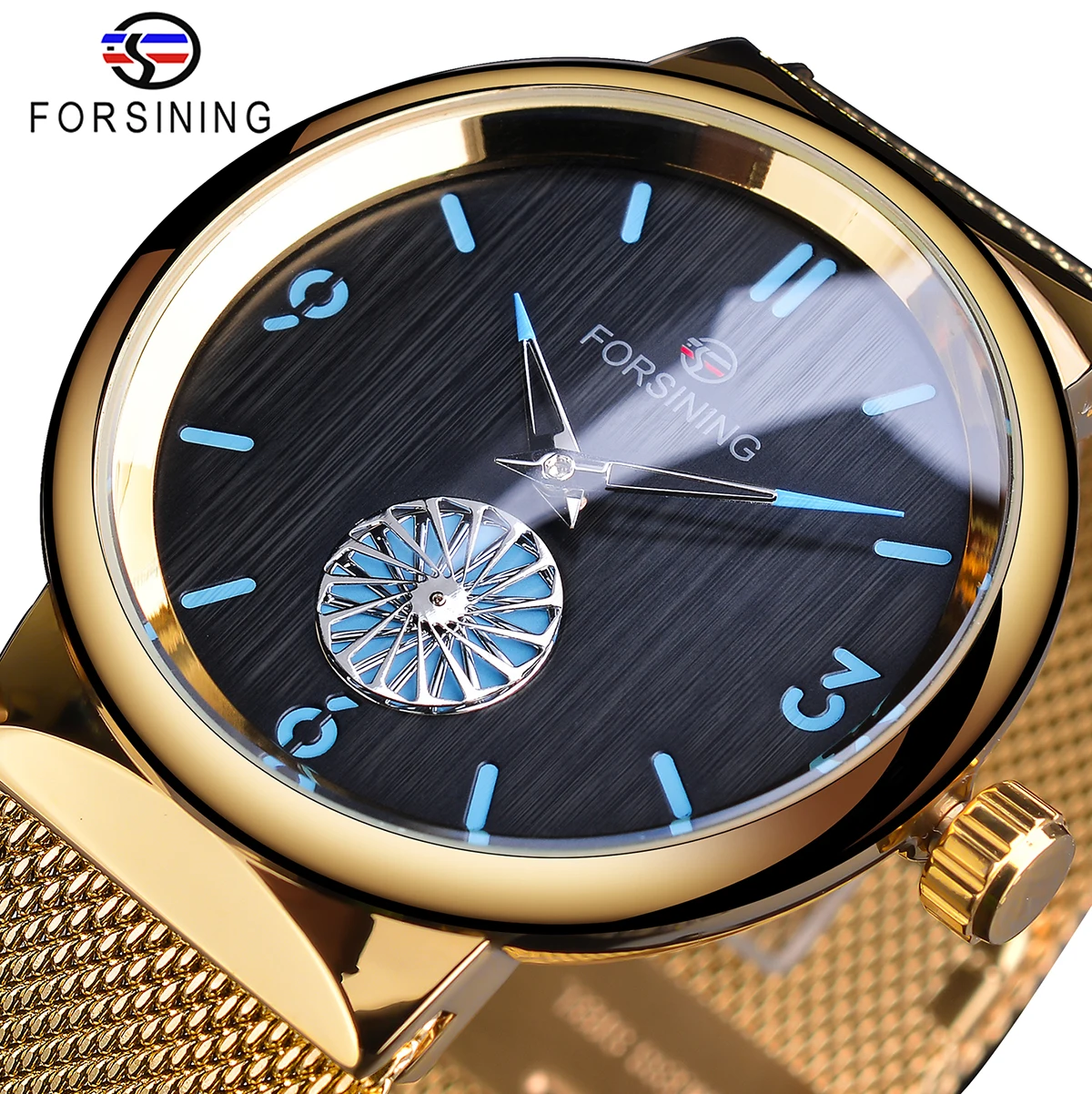 Forsining 2022 Minimalist Design Golden Stainless Steel Mesh Band 3D Moving Small Waterproof Unique Steampunk Mechanical Watches