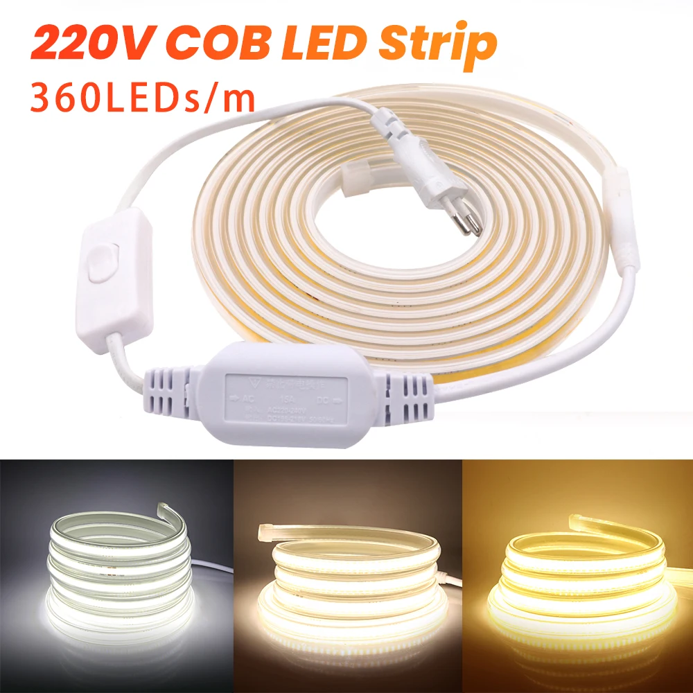 220V COB LED Strip Super Bright 360LEDs/m Waterproof Outdoor Lamp Flexible Led Tape Linear Lighting with Switch EU Power Plug super bright smd 5630 5730 led strip 220v 110v with eu us plug 180leds m ip67 waterproof warm white in outdoor flexible light