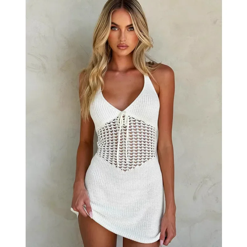 Hollow Out Cutout Backless Lace up Summer Sexy V neck Flounce Mesh Hip Dress